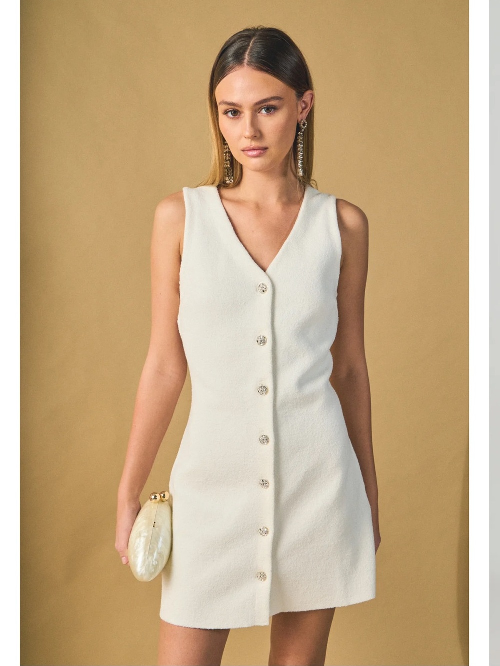 Endless Rose Ivory Sleeveless V-Neck Button Front Mini Dress
